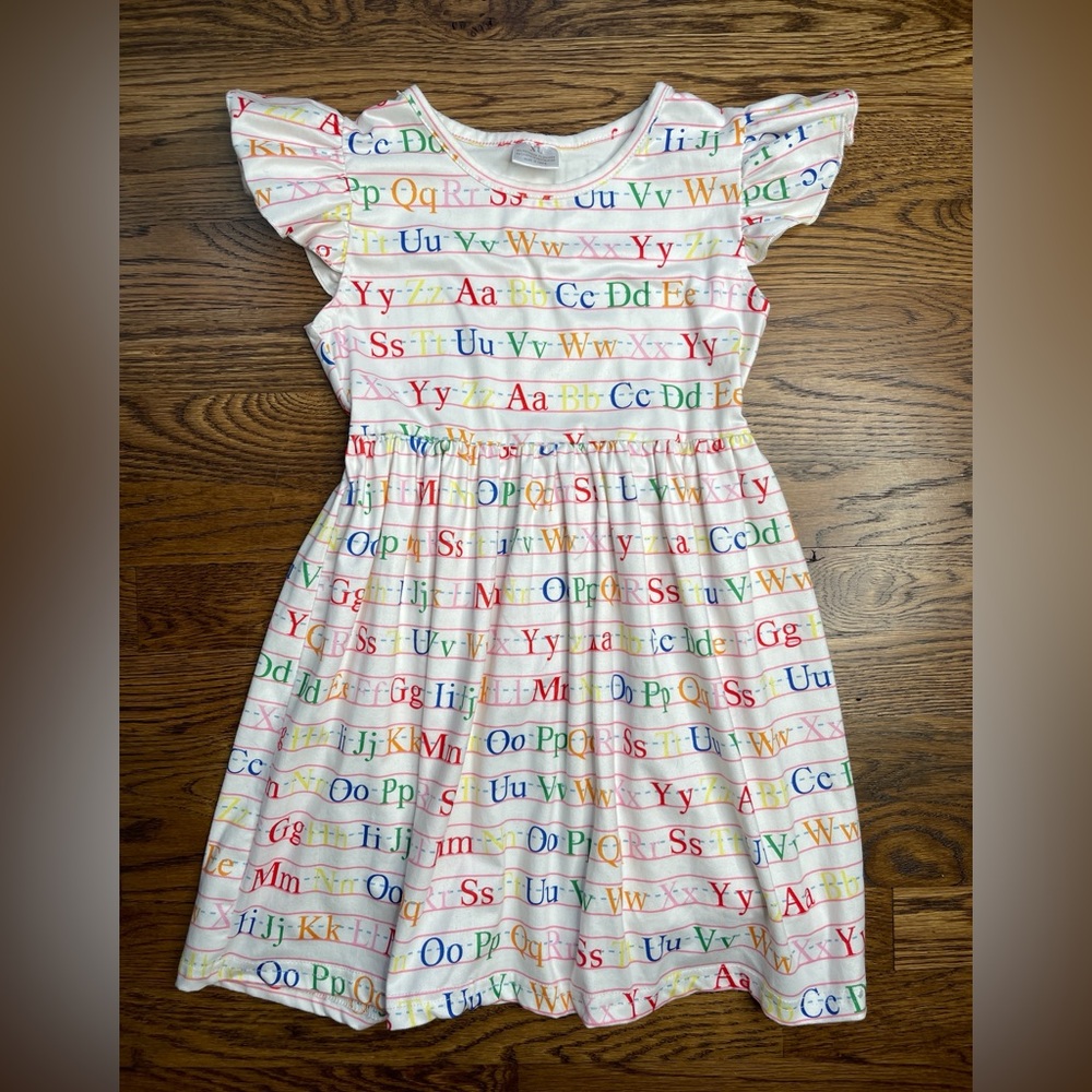 Boutique Girls Alphabet Print School Dress with Ruffled Flutter Sleeves Size 6-7